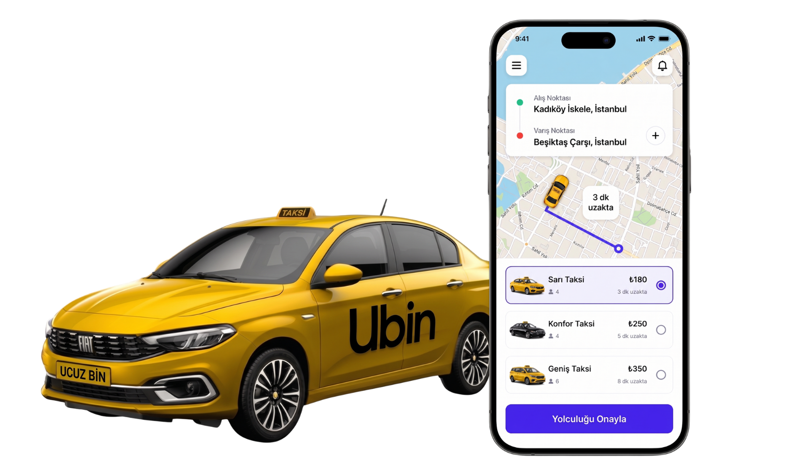 ReadyRide app preview with route map and white SUV